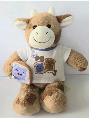 BUILD A BEAR PEANUT BUTTER BROWN SPOTTED PLUSH COW, PB & J TEE SHIRT & WRISTIE
